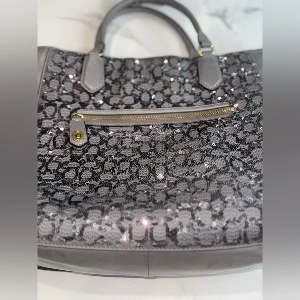 Coach Charcoal Gray Sequin 2-Way Leather Tote Bag